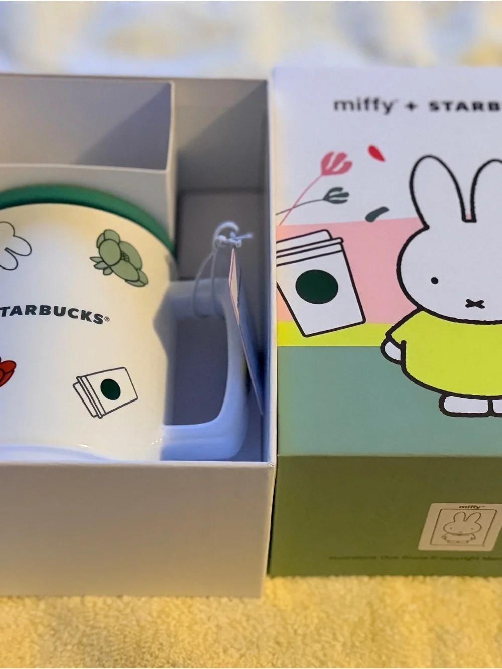 Starbucks White Mug with Teal Lid and Miffy Bunny Topper